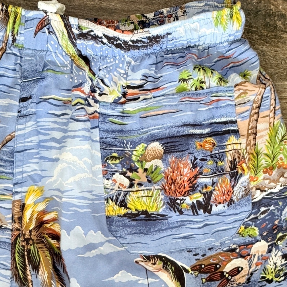 Reyn Spooner VIntage Y2K Hawaiian Fishing Print 7" Swim Board Shorts, Blue, M - Picture 6 of 9
